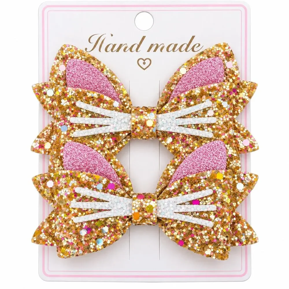 2-Pack Girls Glitter Cat Ear Hair Bows Gold Pink Sparkly Clips